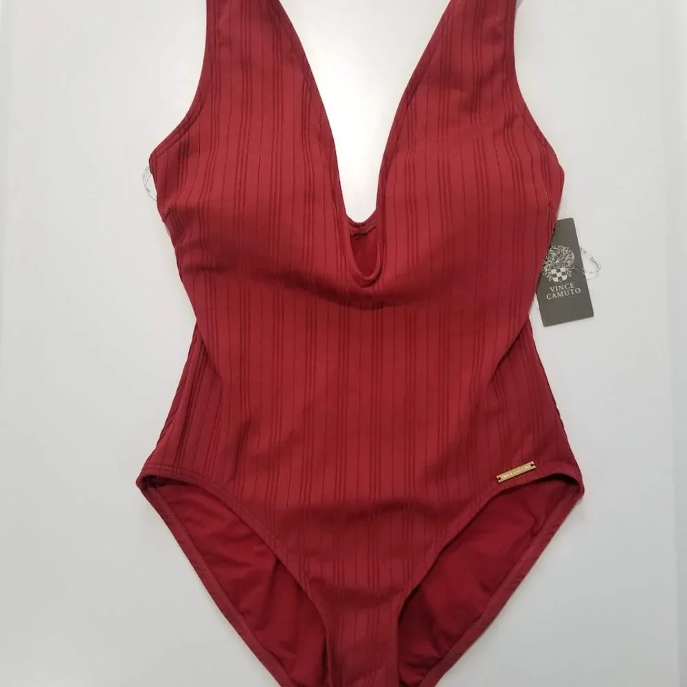 Vince Camuto Ribbed Plunge V-Neck One-Piece Swimsuit Sangria Size 10 - Picture 3 of 9